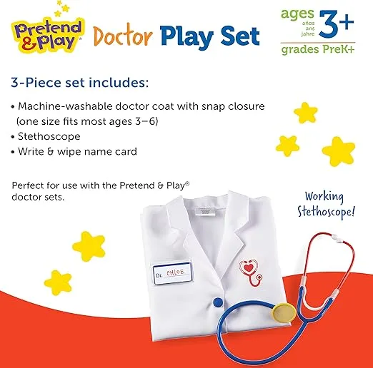 Learning Resources Doctor Play Set - 3 Pieces, Ages 3+ Doctor Kit for Kids, Pretend Play, Doctor Dress Up for Kids, Doctor Costume for Kids, Preschool Learning Games