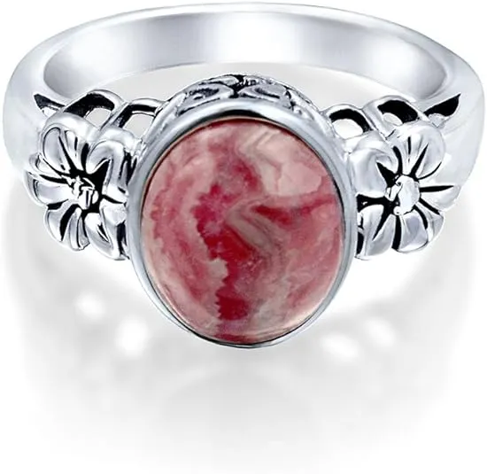 Western Boho Delicate Bezel Set Oval Cabochon Gemstone Rose Pink Rhodochrosite Turquoise Moonstone Ring For Women Teen 1MM Thin Band Oxidized .925 Sterling Silver