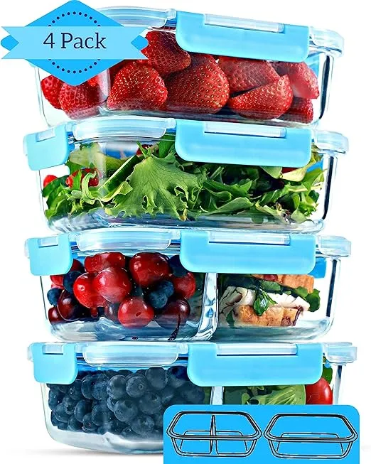 FIT Strong & Healthy Glass Meal Prep Containers, 2 & 3 Compartments - Portion Control, Lunch Container Set, Food Storage, Airtight Lids, Oven & Freezer Safe, Leak-Proof Bento Box, 32 oz, Blue, 4 Pack