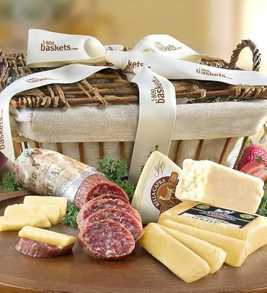 GreatFoods California Wine Country Cheese Gift Basket with Italian Salame, Wine and Cheese, Gourmet Food Gifts, Charcuterie Board