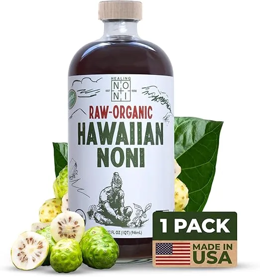 Healing Noni - Sparkling RAW Organic Noni Juice - 1 Pack Glass Bottle 32oz - All-Natural Unsweetened Fresh Fruit - Farm Direct - USDA Certified