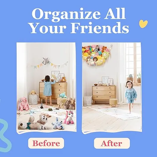 Stuffed Animal Storage Macrame Hammock w/String Lights, Large - Boho Room Decor Toy Storage - Corner Hanging Plushie Stuffed Animal Net Organizer (Dark Blue)