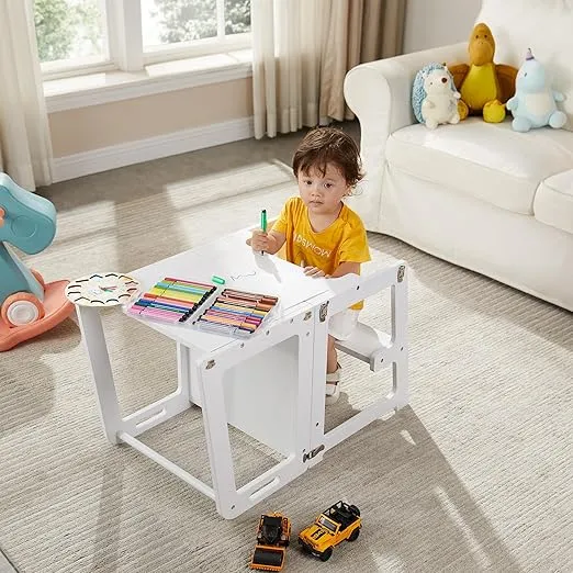 4-in-1 Learning Tower for Toddlers and Kids 1-6 Years, Kitchen Helper Stool with Chalkboard, Desk Table, and Chair All in One, White