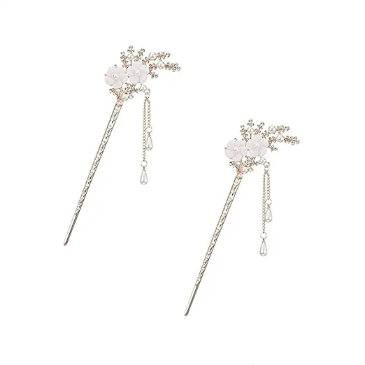 Rhinestone Pearl Flower Hair Stick, 2PC Chinese Tassel Hairpins, Vintage Crystal Pearl Hair Stick Headdress, Pearl Tassel Hair Stick Chinese Style Hairpin for Women