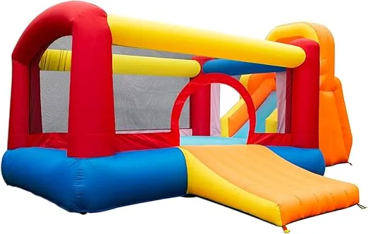 Banzai Double Slide Backyard Bouncer Outdoor Inflatable Slide & Bounce House w/Climbing Wall, Blower Motor, Ground Stakes, & Storage Bag