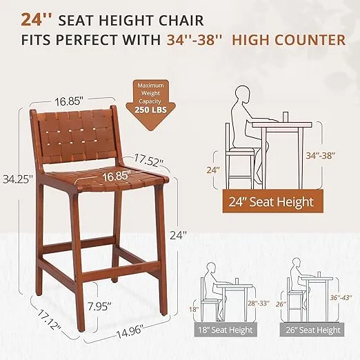 LUE BONA Counter Height Bar Stools 24inch, Set of 2 Faux Leather Woven Counter Stool with Backs, Woven Strips Rattan Barstools with Wood Legs for Dining Room Home Kitchen, Brown