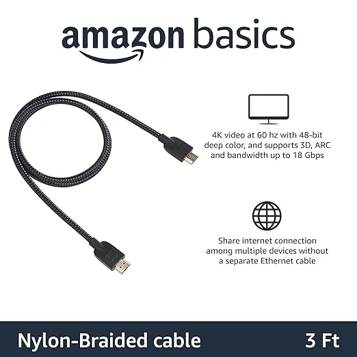 Amazon Basics High-Speed 4K Ultra HD HDMI Nylon-Braided Cable, 3 feet, 18Gbps, 60Hz, 2160p, 48-bit, Male-to-Male, Ethernet Ready, 3D, Black & Blue