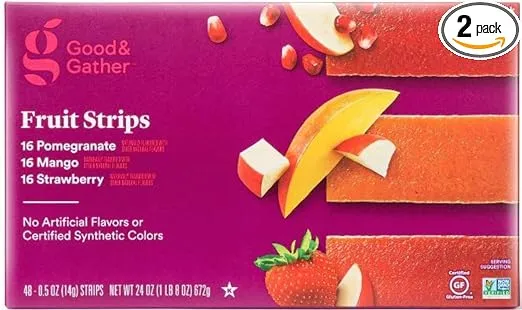 Fruit Strips Pomegranate, Mango and Strawberry Fruit Leathers Healthy Snack Made with Real Fruit Puree Concentrate Good and Gather Variety Pack 48 Strips, Set of 2