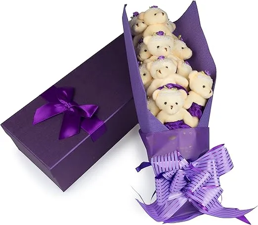 Deluxe Christmas Purple Teddy Bear Bouquet in Gift Box - One Dozen Long Stemmed Rose Stuffed Plush Bears w Tutus -Gift Wrapped Bow & Ribbon- Great X-Mas Gift for Kids, Girlfriend, Boyfriend, Loved One