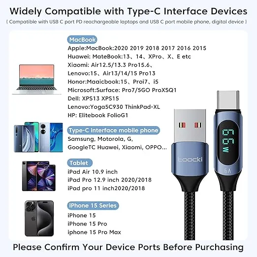 6.6FT USB A to C Cable Fast Charging Cable, 66W/6A USB C Charging Cable with Led Display, USB Type C Cable Nylon Braided 480Mbps USB C Fast Charging Cable for Samsung Galaxy S24 S23 S22 Z Flip5 Fold5