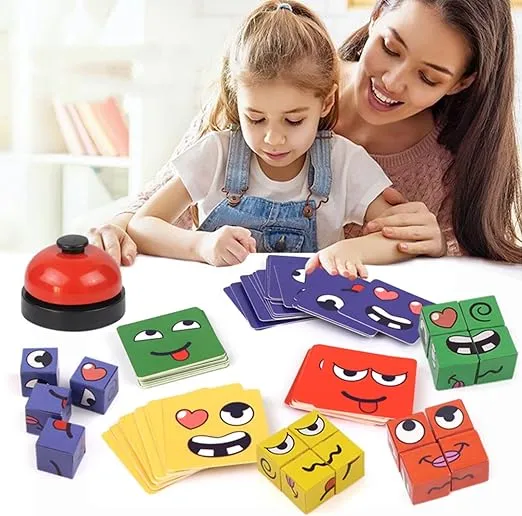 Face Changing Magic Cubes Game Face Blocks Game Face Change Cube Game Expression Matching Block Puzzles Building Cubes Toy Educational Puzzles Toy Family Board Games for Child & Adults (with Bell)