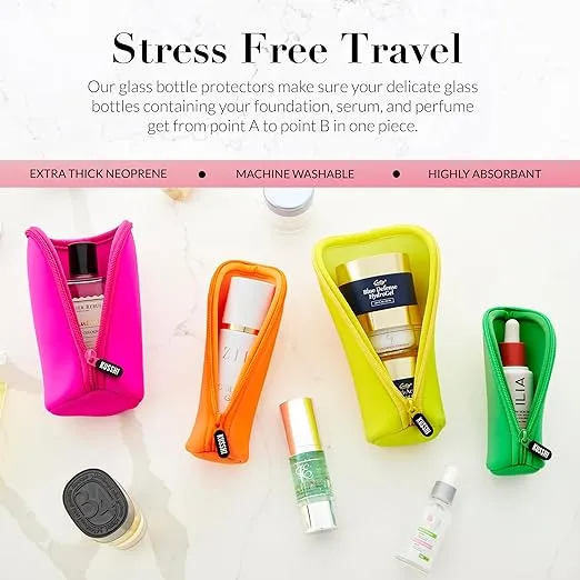 KUSSHI Neoprene Mini Makeup Pouch Set for Purse and Travel - 4 Small Travel Pouches for Delicate Bottles and Beauty Items - For Foundations, Serums, Perfumes and More (4 Pack - S, M, L, XL)