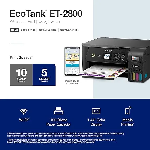 Epson EcoTank ET-2800 Wireless Color All-in-One Cartridge-Free Supertank Printer with Scan and Copy – The Ideal Basic Home Printer - Black, Medium