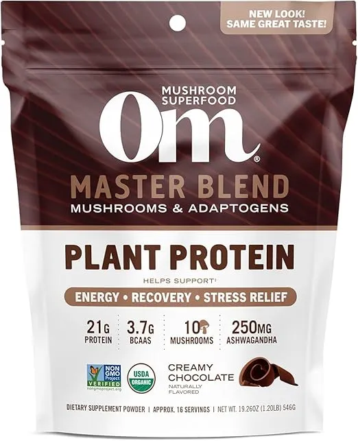 OM Mushroom Superfood Master Blend Plant-Based Protein Powder, 19.26 Ounce, 16 Servings, Creamy Chocolate Protein with 10 Mushroom Complex, Lions Mane, Adaptogens for Optimal Health and Recovery
