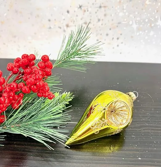 Glass Christmas Tree Ornaments - 67mm/2.625" [4 Pieces] Decorated Balls from Christmas by Krebs Seamless Hanging Holiday Decor (Shiny Green Glaze Reflector 4" Drop Shape)