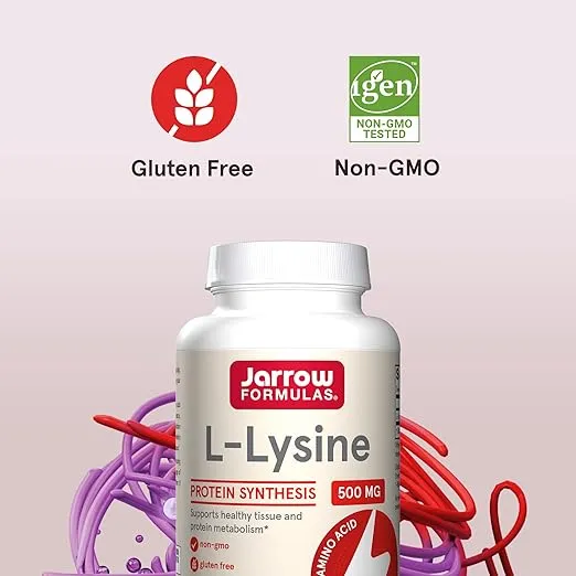 Jarrow Formulas L-Lysine 500 mg, Dietary Supplement, Amino Acid for Protein Synthesis and Healthy Tissue Support, 100 Capsules, 100 Day Supply