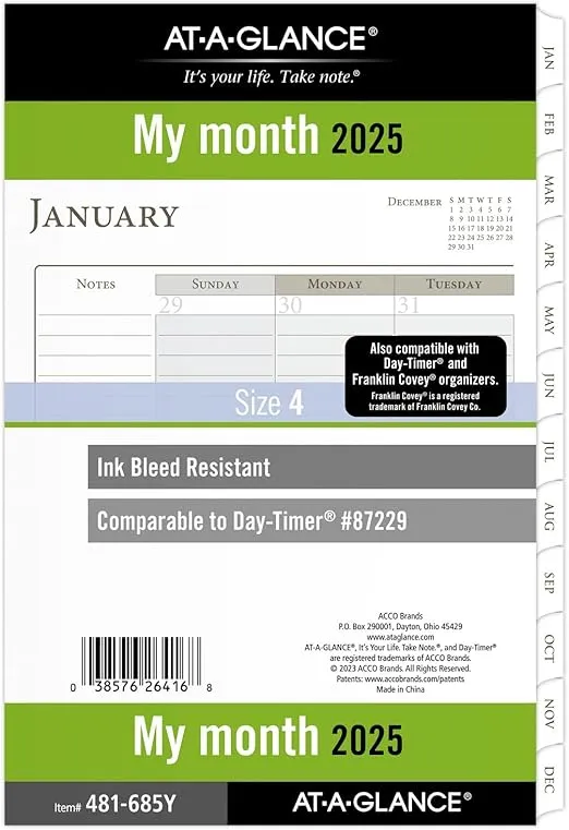AT-A-GLANCE 2025 Planner Refill, Monthly, 5-1/2" x 8-1/2", Desk Size, Loose-Leaf, Ruled Blocks (481-685Y-25)