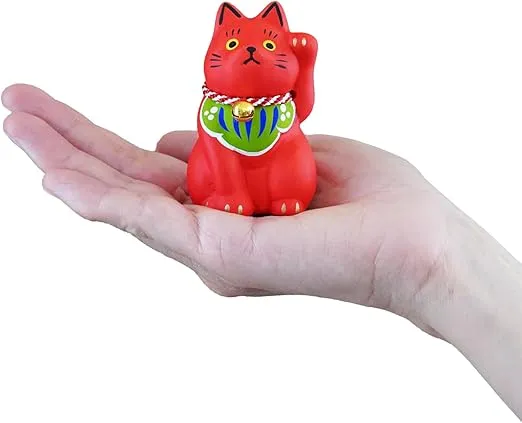 Maneki-Neko Lucky Cat, 2.7 Inches | Hand-Painted Ceramic Fortune and Prosperity Talisman | Artisan Crafted Desk and Room Decor | Made in Japan (Red)
