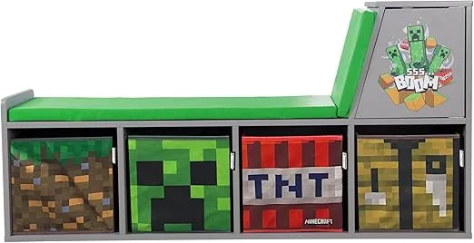 Minecraft: Storage Bench - Wooden Storage w/Cushioned Reading Shelf, 4 Themed Storage Cubes, Seating & Organization In 1, Game Theme Décor, Licensed