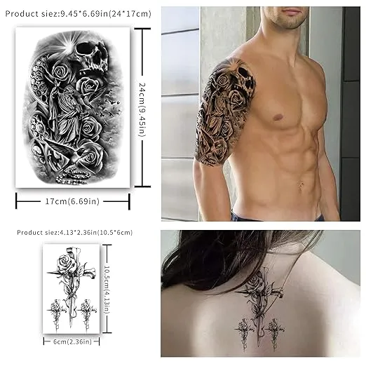 Yazhiji 36 Sheets Temporary Tattoos Stickers, 12 Sheets Fake Body Arm Chest Shoulder Tattoos for Men or Women with 24 Sheets Tiny Black