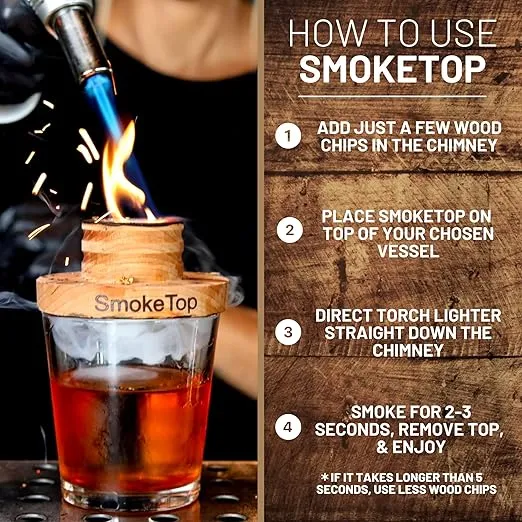 SmokeTop Cocktail Smoker Kit, Torch, 90ML Butane, with Cherry, Hickory, Maple, and Oak Wood Chips - Cocktail Smoker Kit & Chips