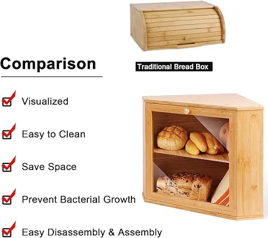 HOMEKOKO Double Layers Bamboo Corner Bread Box for Kitchen Counter, Wooden Large Capacity Bamboo Bread Food Storage Bin (Natural Bamboo)