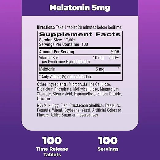 Natrol Time-Release Melatonin 5 mg, Dietary Supplement for Restful Sleep *, 100 Tablets (Pack of 2), 200 Day Supply