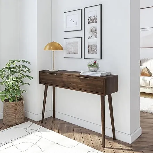 Plank+Beam Mid Century Modern Console Table with Storage Shelves, Entryway Table with Storage, Foyer Tables for Entryway, Narrow Console Table, Walnut