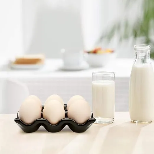 Flexzion Ceramic Egg Holder for Fridge - 6 Cups Egg Tray Half Dozen Porcelain Container Keeper Storage Organizer Decorative Serving Dish Serveware for Refrigerator Countertop Display Kitchen (Black)