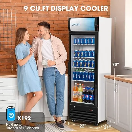 COTLIN Commercial Merchandiser Refrigerator with LED Lighting Single Dual-Layer Glass Door, 9.0 Cu Ft Upright Display Beverage Cooler with Extra Shelves Drink Holders, ETL NSF Approved
