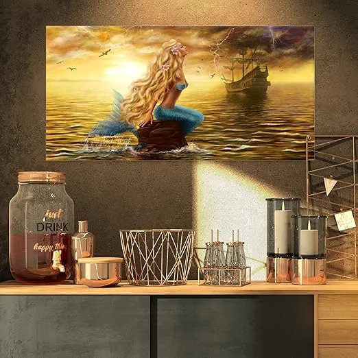 Designart PT8838-32-16 Sea Mermaid with Ghost Ship-Seascape Digital Art Canvas Print-32x16, 32 x 16 in, Yellow