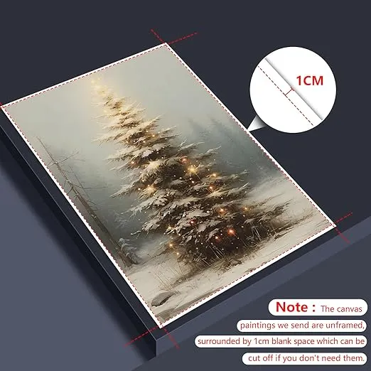 XMQQLL Vintage Christmas Tree Canvas Wall Art, Light Up Christmas Tree Painting Poster, Muted Neutral Moody Rustic Winter Picture Prints for Wall Decor, Christmas Gift Idea 12x16in Unframed