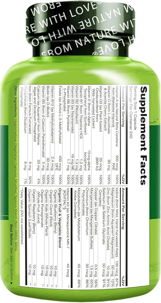NATURELO One Daily Multivitamin for Women - Energy Support - Whole Food Supplement to Nourish Hair, Skin, Nails - Non-GMO - No Soy - Gluten Free - 240 Capsules | 8 Month Supply