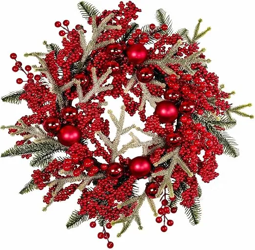 20 Inch Artificial Christmas Wreath, Decorated with Red Berries Pine Needles Red Christmas Ball for Indoor & Outdoor Christmas Decorations