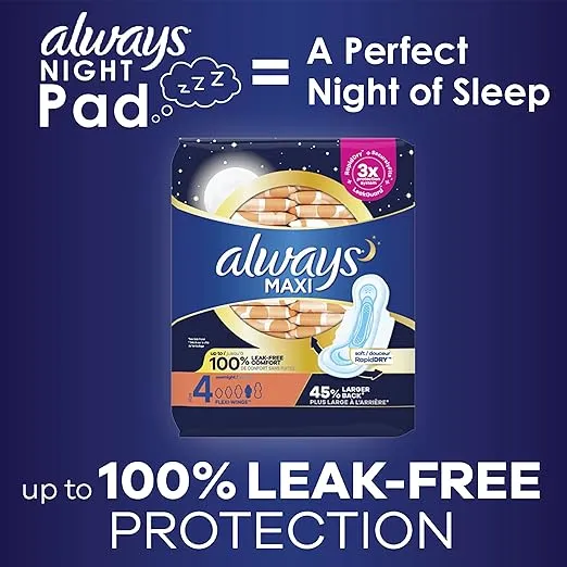 Always Maxi Overnight Pads with Wings, Size 4, Overnight, Unscented, 84 CT