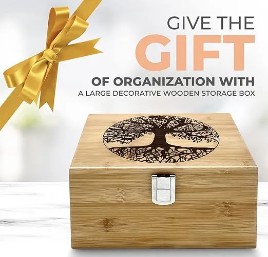 Blake & Lake Tree of Life Wooden Box - Wood Keepsake Box with Hinged Lid and Metal Latch Bamboo Storage Boxes with Lid Engraved Tree Design Gift Box Treasure (Natural Bamboo)