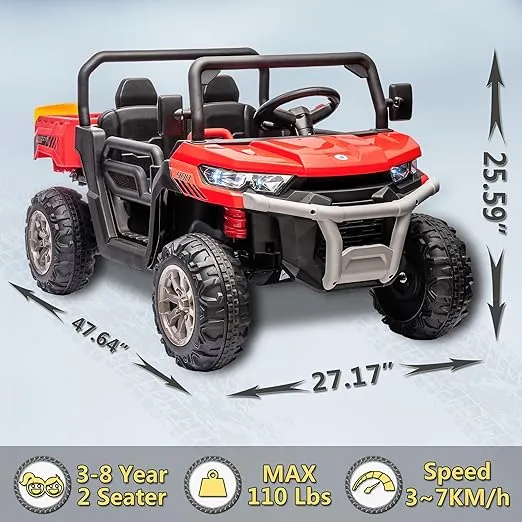24V 2 Seater Kids Ride on Car Truck, Ride On UTV with 2x200W Motor Ride On Dump Truck, Ride On Car with Dump Bed/Shovel, Electric Vehicle with Durable Tires, LED Light, Music, Remote Control, Red