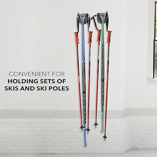 Ski Wall Mounted Rack, Holds 2 Pairs of Skis & Skiing Poles or Snowboard, for Home and Garage Storage, Wall Mounted, Heavy Duty, Rubber-Coated Hook, Set of 2 Hooks