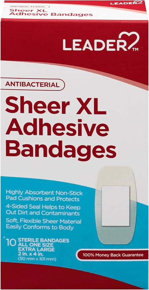 LEADER Sheer XL Adhesive Bandages, Packs ofBlends with Skin, Helps Prevent Infection, Long Lasting, First Aid and Wound Care Protection, Compare to Band-Aid, All One Size 2" x 4", 10 ct.
