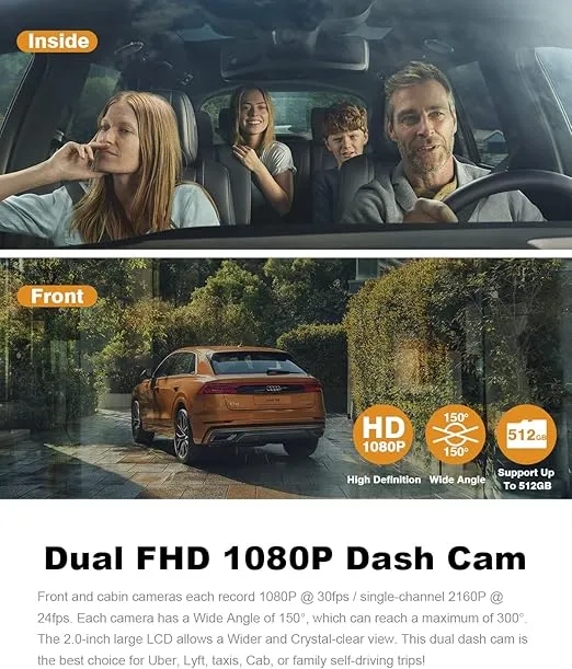 PRUVEEO Dash Cam, Front and Inside 1080P Dual FHD, Novatek Processor, Single-Channel 2160P, Built-in WiFi, 24H Parking Monitor, 2 Inch LCD Camera, 512 Gb Max, Infrared Night Vision