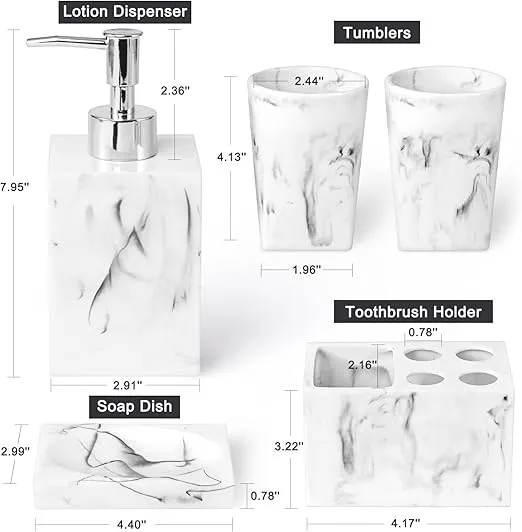 Haturi Bathroom Accessories Set, 5 Pcs Marble Look Sets Soap Dispenser & Toothbrush Holder Counter Top Restroom Apartment Decor Stuff, Resin Kits, Gift for Women and Men, Ink White
