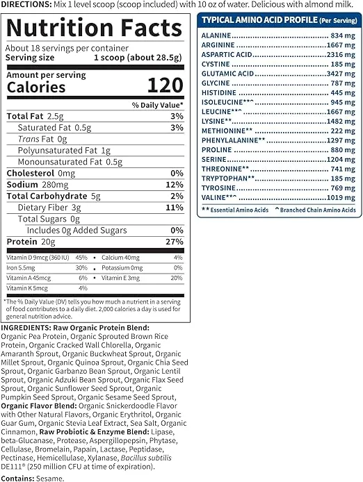 Garden of Life Vegan Protein Powder - Snickerdoodle Cookie - 20g Plant Protein, BCAAs, Probiotics & Digestive Enzymes - Gluten-Free, Non-GMO