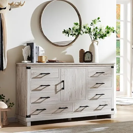 Farmhouse 8 Drawer Dresser for Bedroom with Adjustable Shelf, Wood Long Chest of Drawers with Thick Plank Styling, Rustic Large Closet Dresser for Bedroom, Living Room, Antique Brush White Color