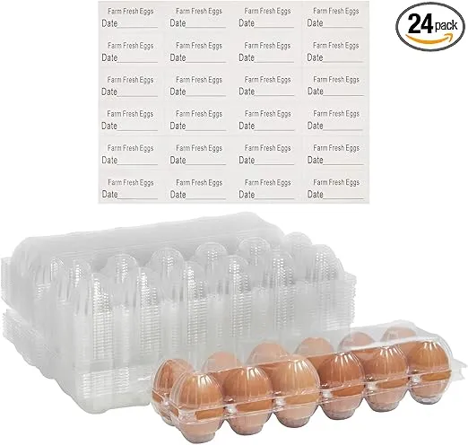 Stockroom Plus 24 Pack Egg Cartons Bulk Holds 1 Dozen Chicken Eggs with Date Labels, Clear Plastic Tray