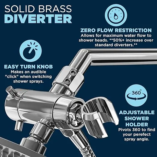 HammerHead Showers® ALL METAL 3 Way Shower Diverter Valve with Shower Head Holder — Universal Splitter To Connect Handheld Spray Wand And Rain Showerhead to Shower Arm Mount — Chrome