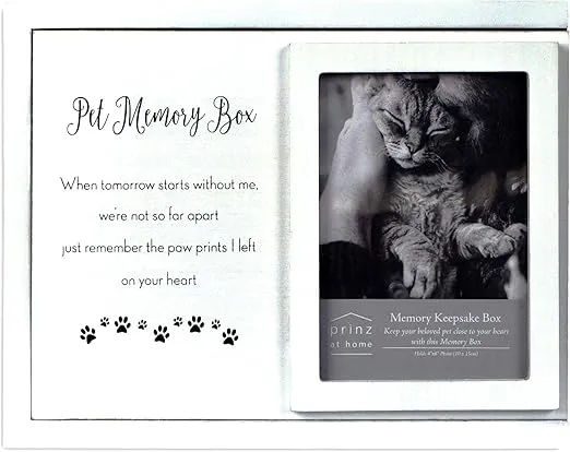 Prinz Pawz Decorative 10" x 8" Pet Memorial Keepsake Box, Dog & Cat Pet Memory Gifts, 4x6 Photo Holder, White