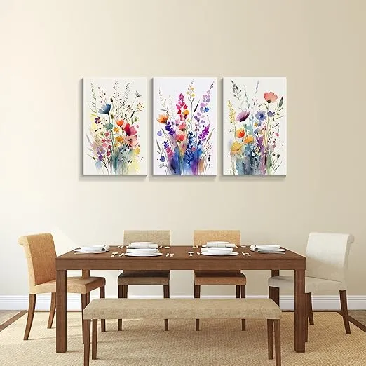 DFAIUY Floral Botanical Canvas Wall Art Vintage Plant Flower Poster 3 set Watercolor Blue Yellow Wildflower Print Painting Rustic Cottage Artwork for Bedroom Living Room Decor 12x16in Unframed