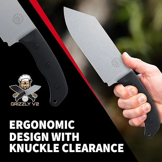 Off-Grid Knives - Grizzly V2 Chef Knife with Sandvik 14C28N Stainless Steel, Kydex Sheath and Belt Clip, G10 Scales, Lanyard Opening, Camping, BBQ & Home Kitchen Use (Stonewash)