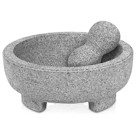 Granite Mortar and Pestle Set Guacamole Bowl Molcajete 8 Inch - 4 Cup Natural Stone Grinder for Spices, Seasonings, Pastes, Pestos and Guacamole