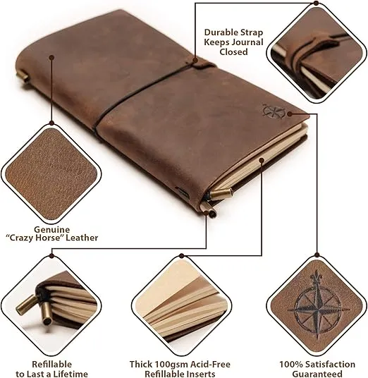 Leather Travelers Notebook - 8.5x4.5" - Wanderings® Refillable Travel Journal - Hand-Crafted Genuine Leather Journal for Writing, Poets, Travelers, as a Diary or Life Planner - Blank Inserts
